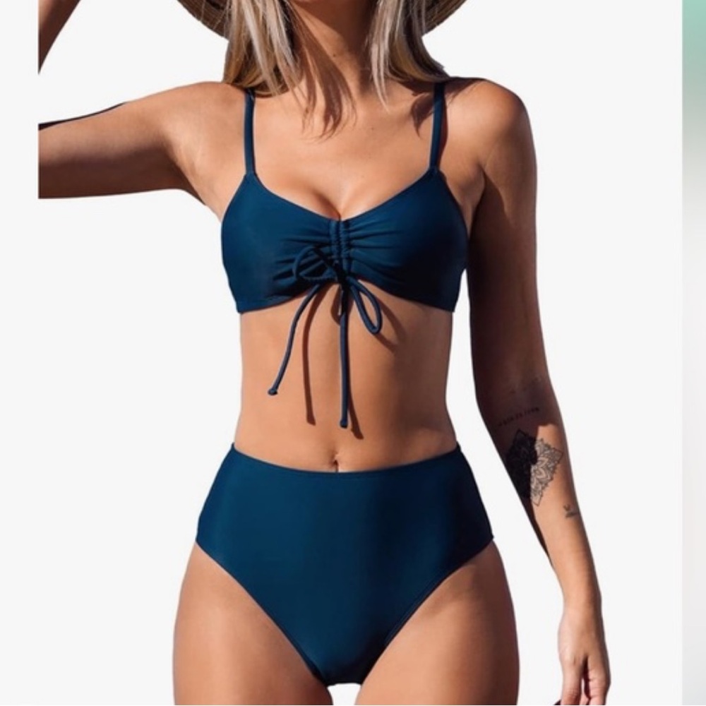 Women's Green Two Piece Navy Swimsuit Lace up Monokini NWT Size S